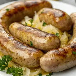 Złocista biała kiełbasa z kapustą kiszoną, udekorowana natką pietruszki. Idealny polski smak.